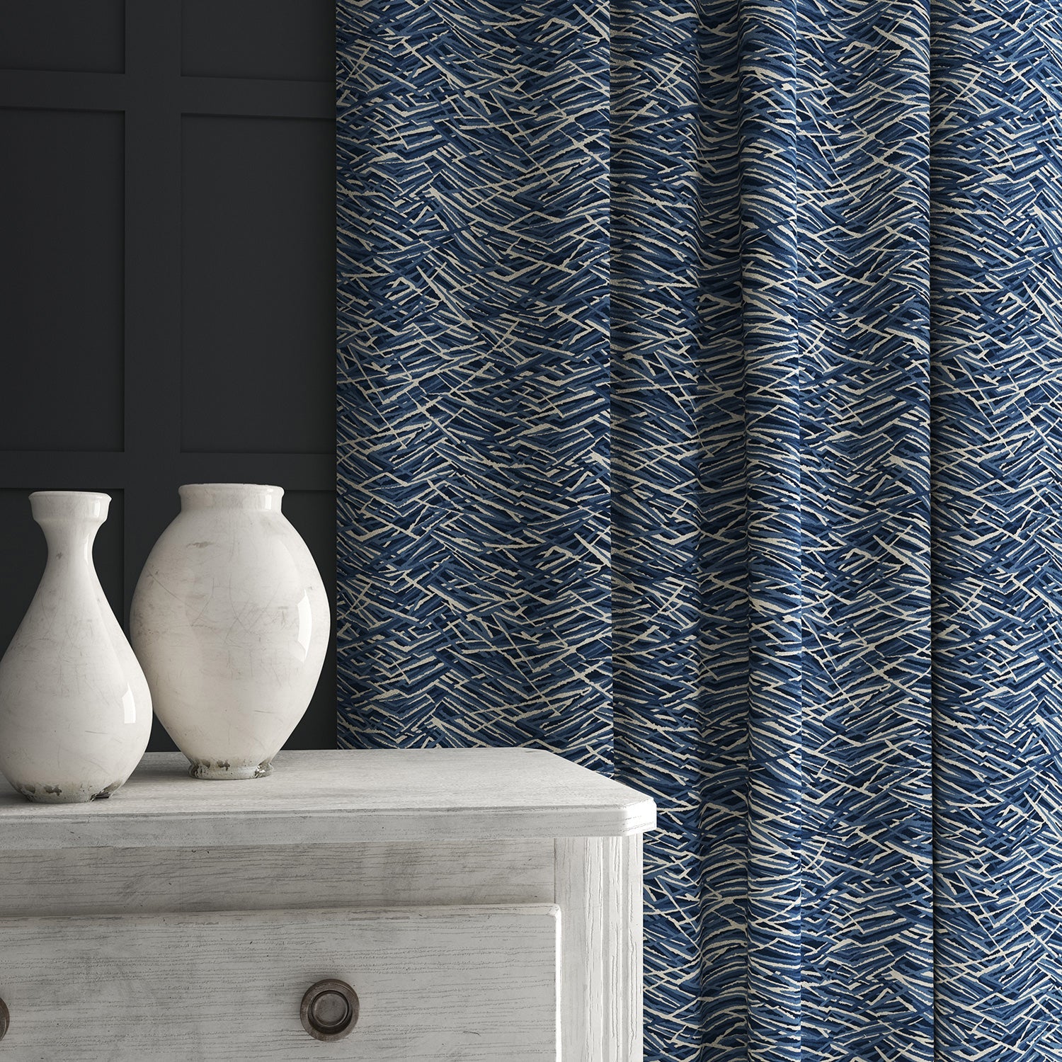 Velvet curtain in a luxury blue velvet fabric with abstract design