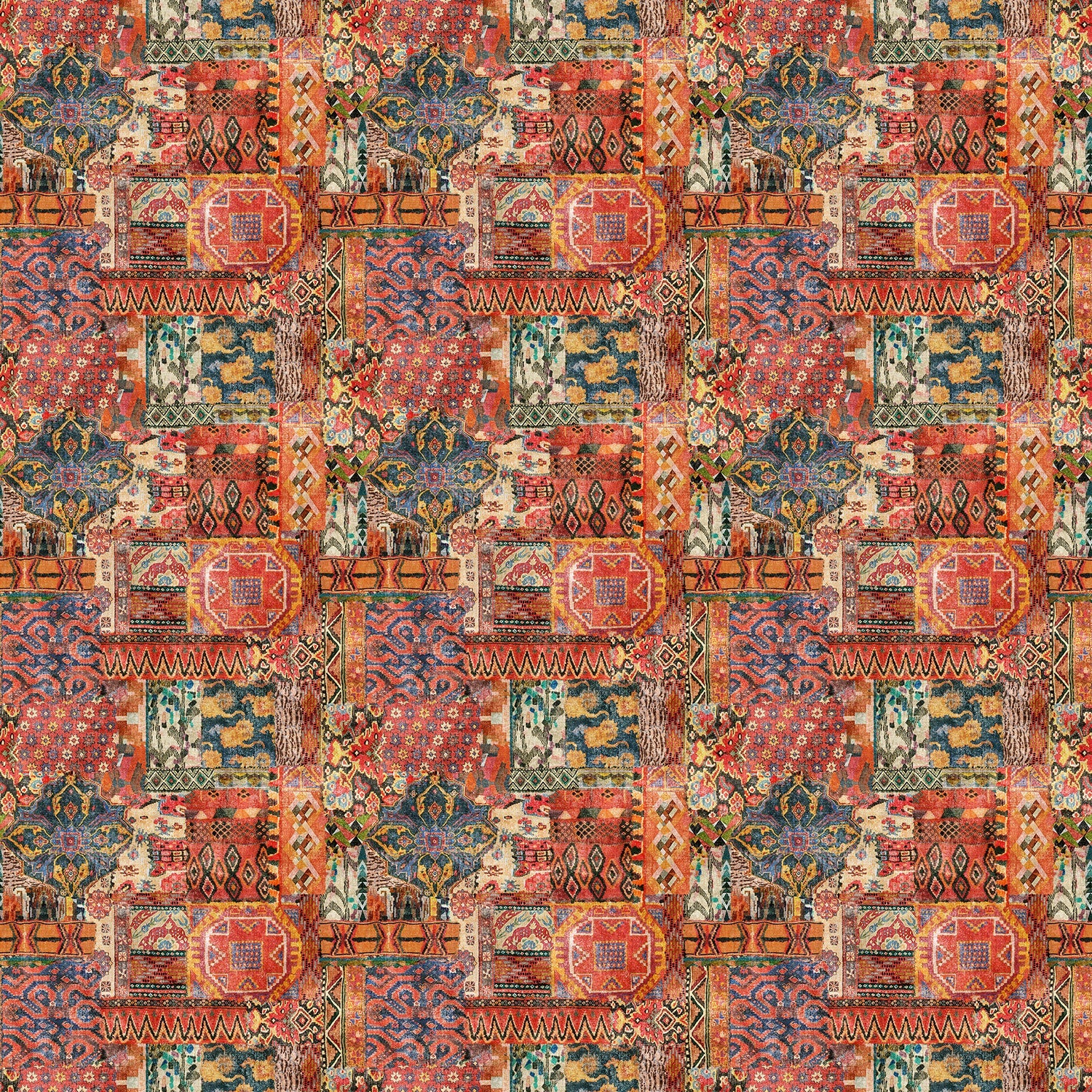 Multicoloured velvet fabric with a carpet design and stain resistant finish