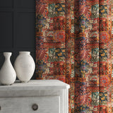Velvet curtain in a multicoloured velvet fabric with a contemporary carpet design