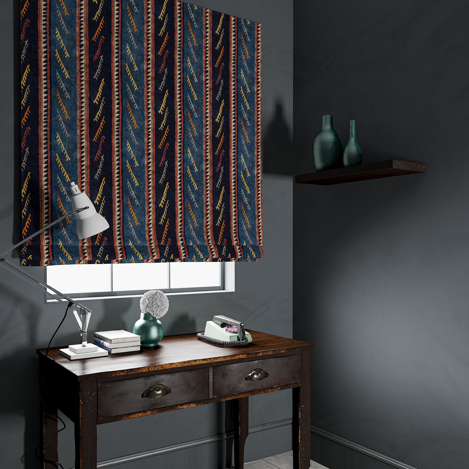 Velvet blind in a dark blue striped velvet fabric