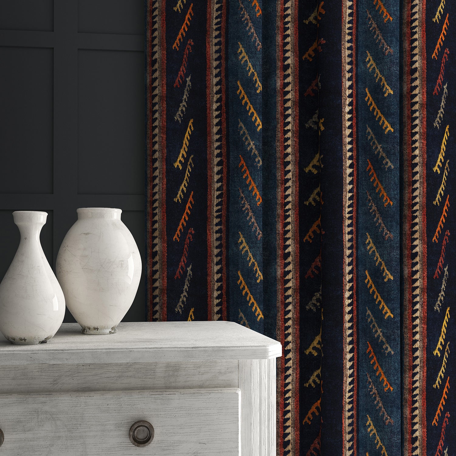 Velvet curtain in a dark blue striped velvet fabric
