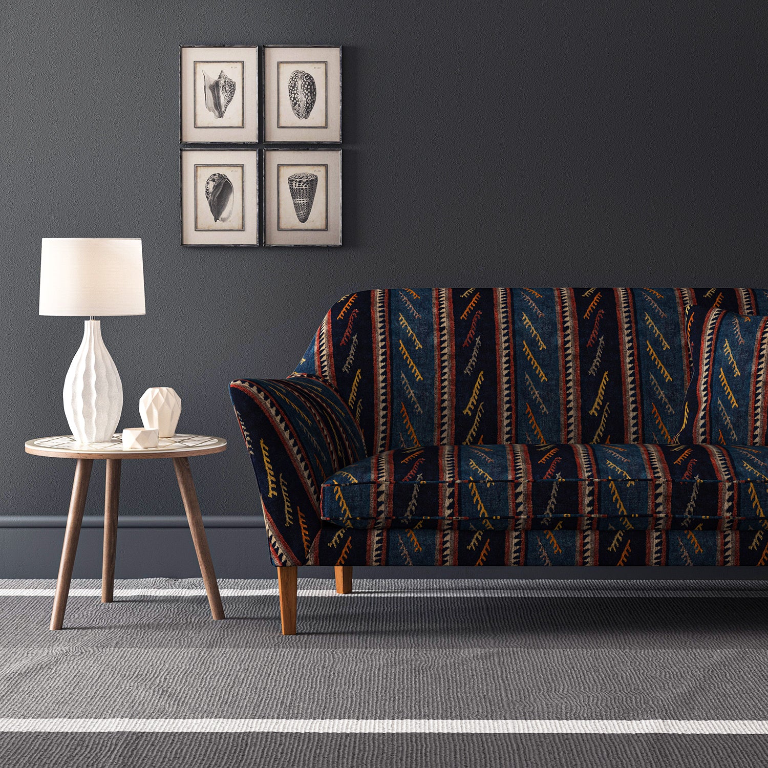 Sofa in a striped velvet fabric in dark blue colours with a stain resistant finish