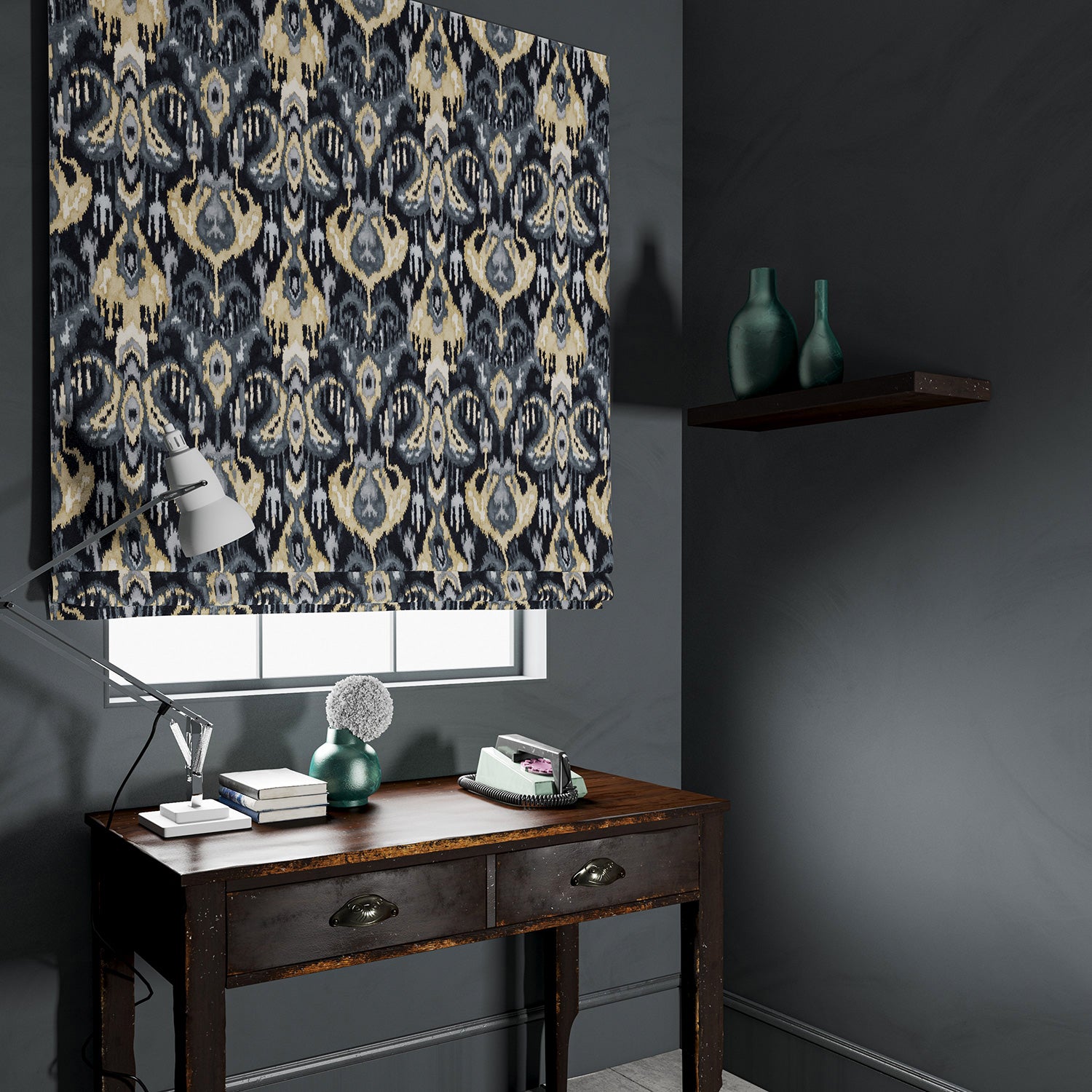 Velvet blind in a dark grey velvet fabric with contemporary abstract design