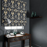 Velvet blind in a dark grey velvet fabric with contemporary abstract design