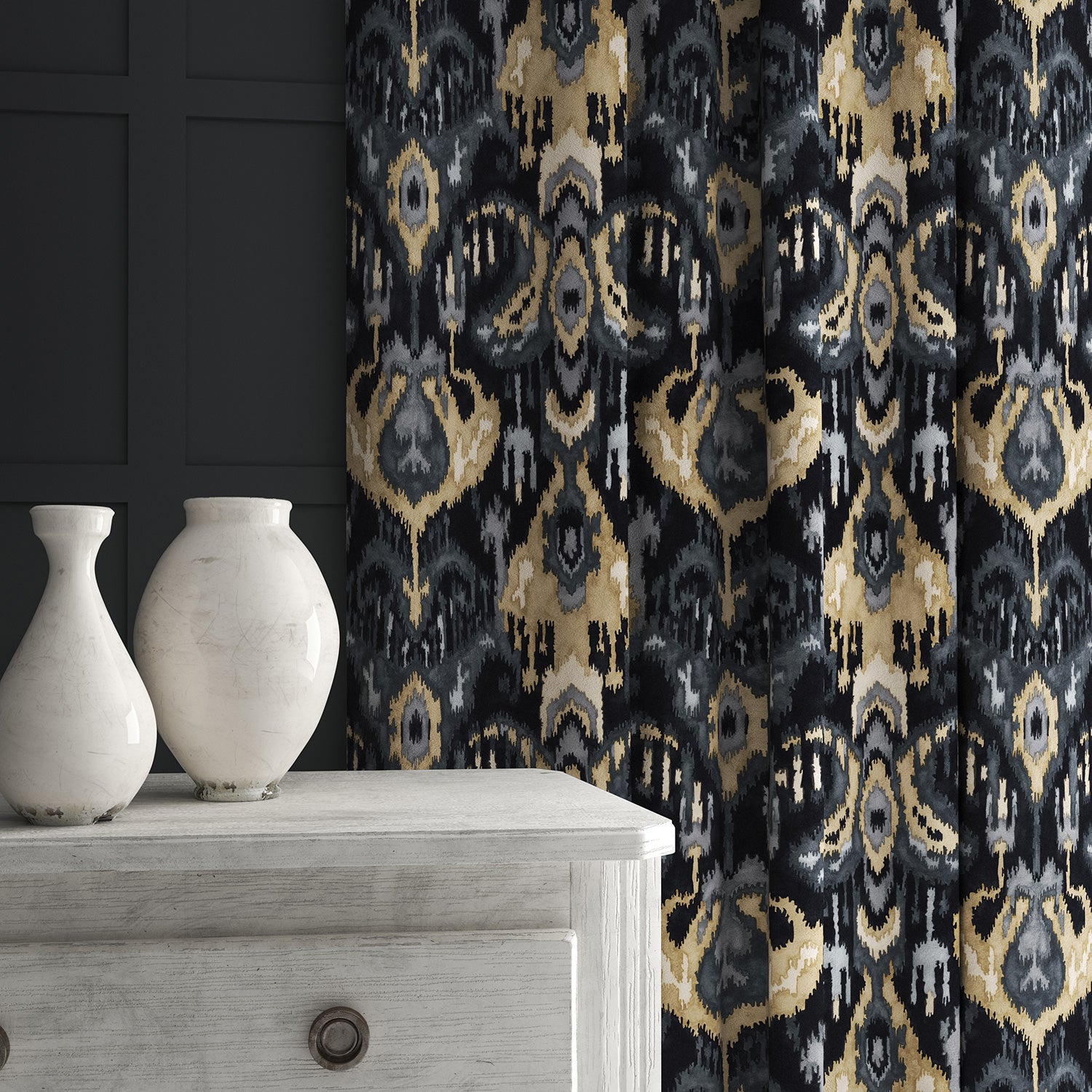 Velvet curtain in a dark grey velvet fabric with contemporary abstract design