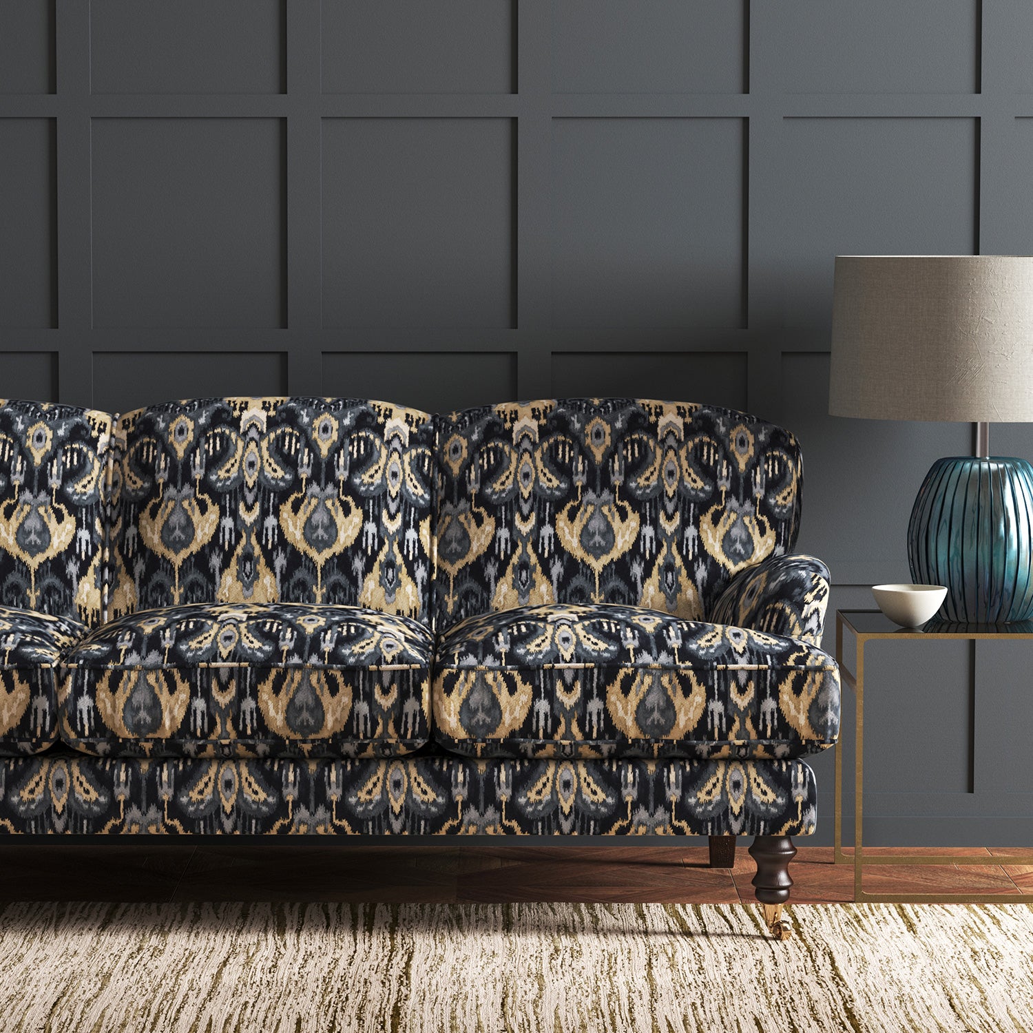 Velvet sofa upholstered in a stain resistant velvet fabric with contemporary abstract design