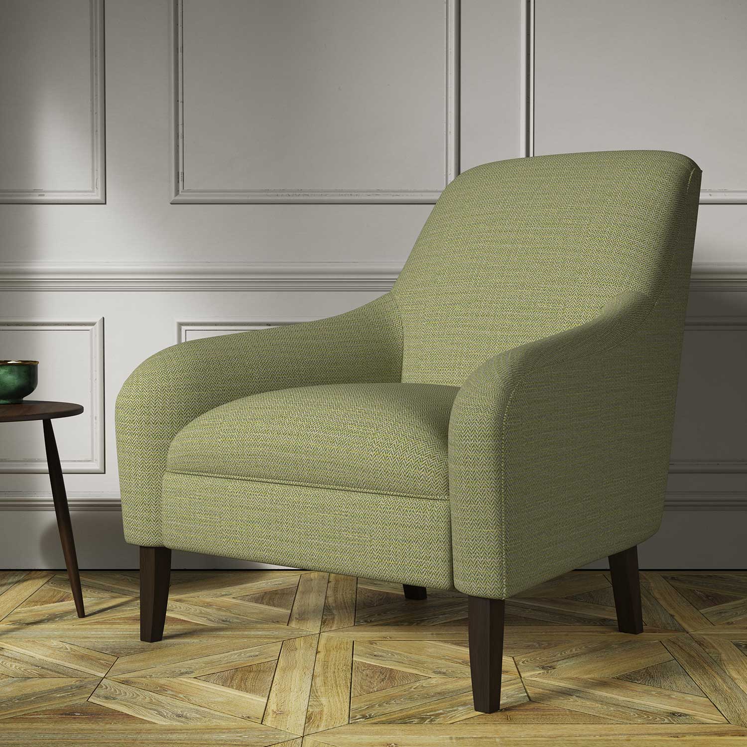 Chair covered in a woven fabric in a herringbone design in Citrine