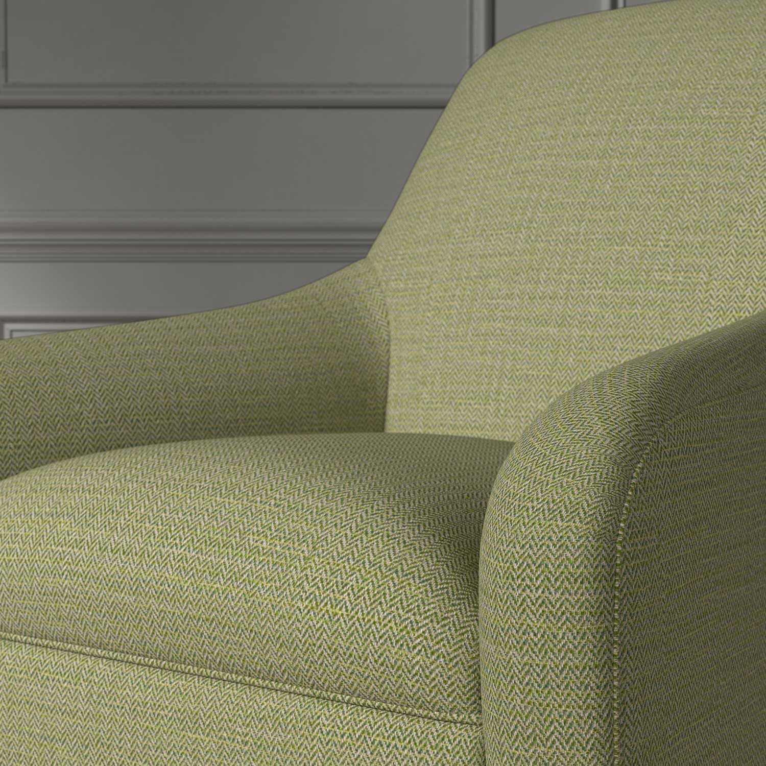 Close up of a chair covered in a woven fabric in a herringbone design in Citrine