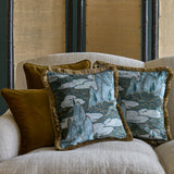 Luxurious velvet cushions with a scenic landscape oriental design with a bespoke trim in blue & brown colours.
