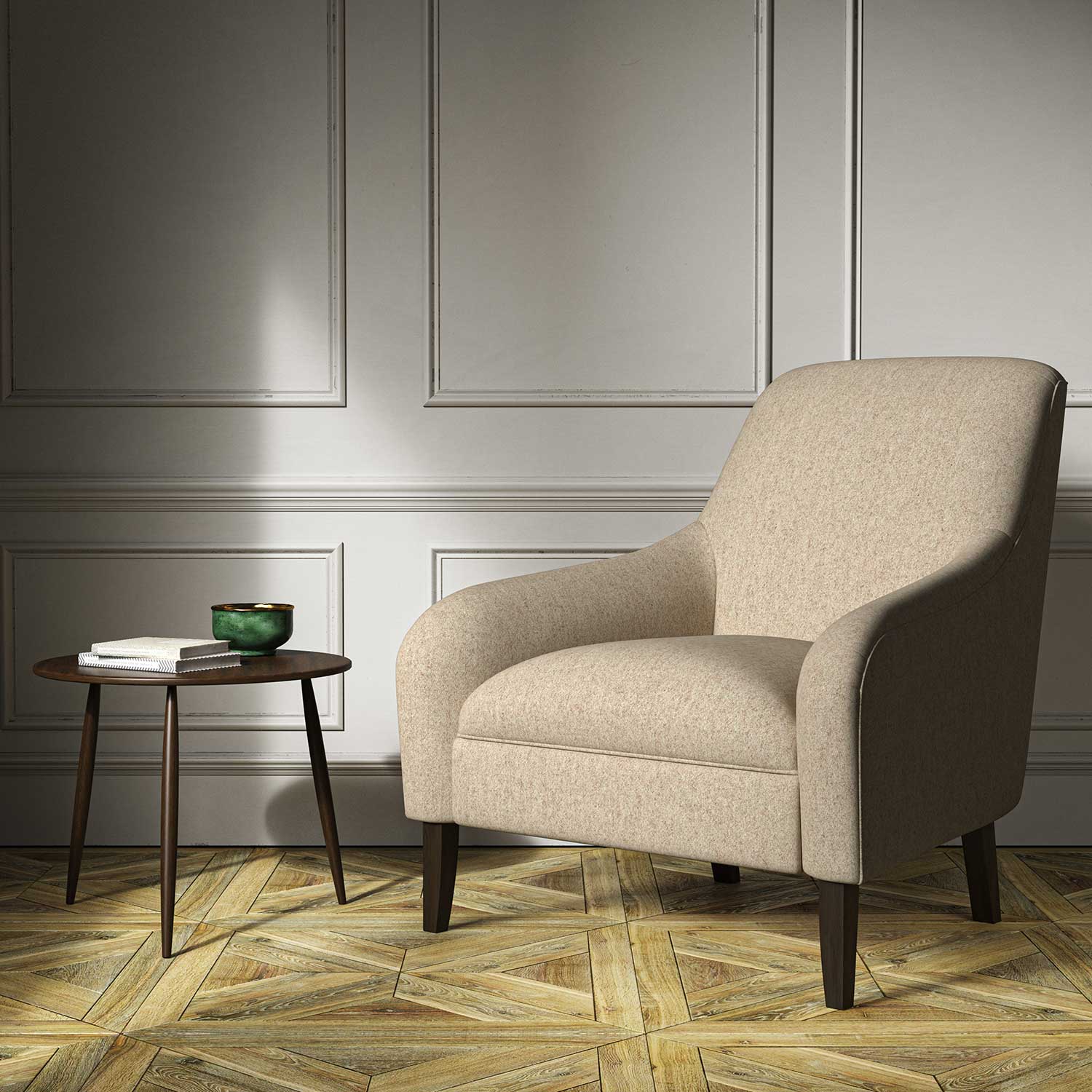 A neutral woven fabric on an armchair.
