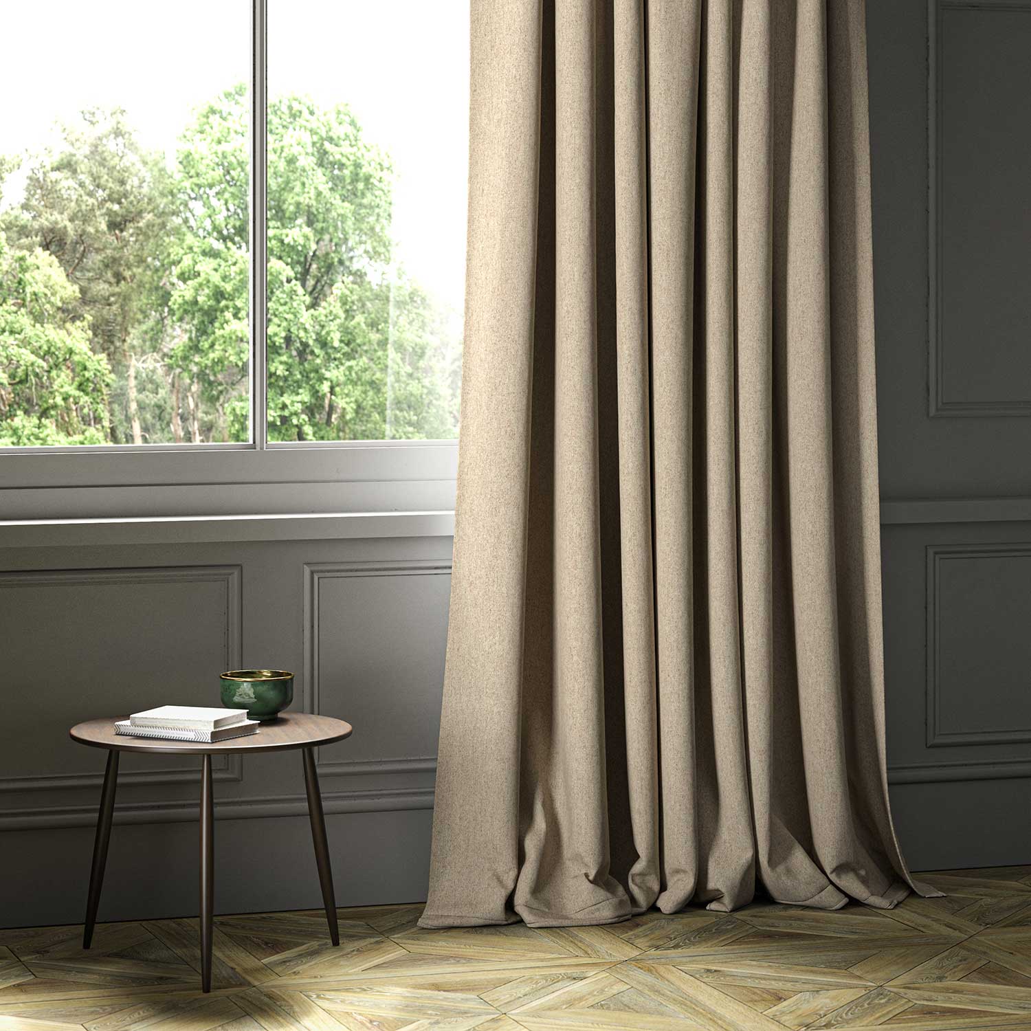 A neutral woven fabric shown as a curtain.