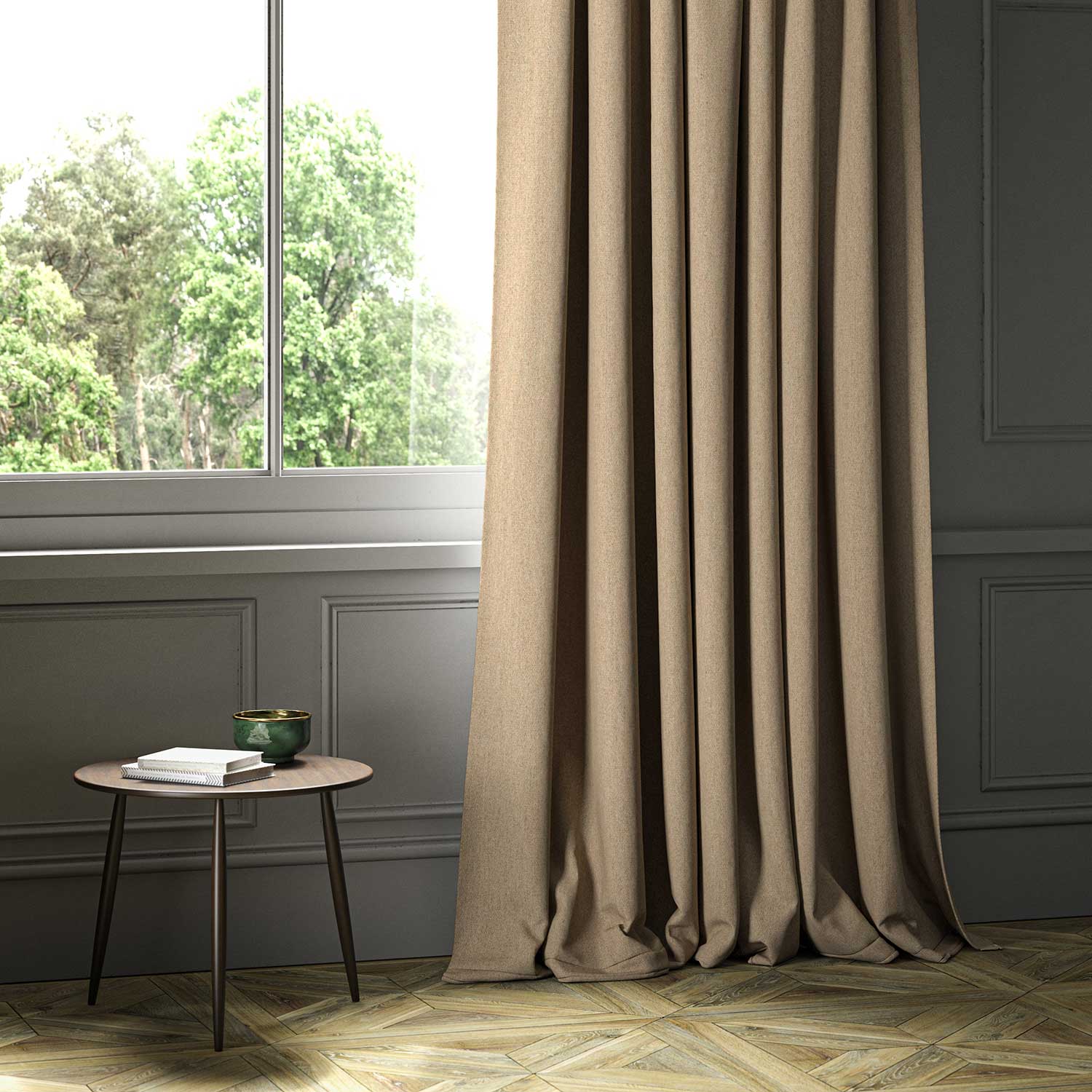 A brown woven fabric shown as a curtain.