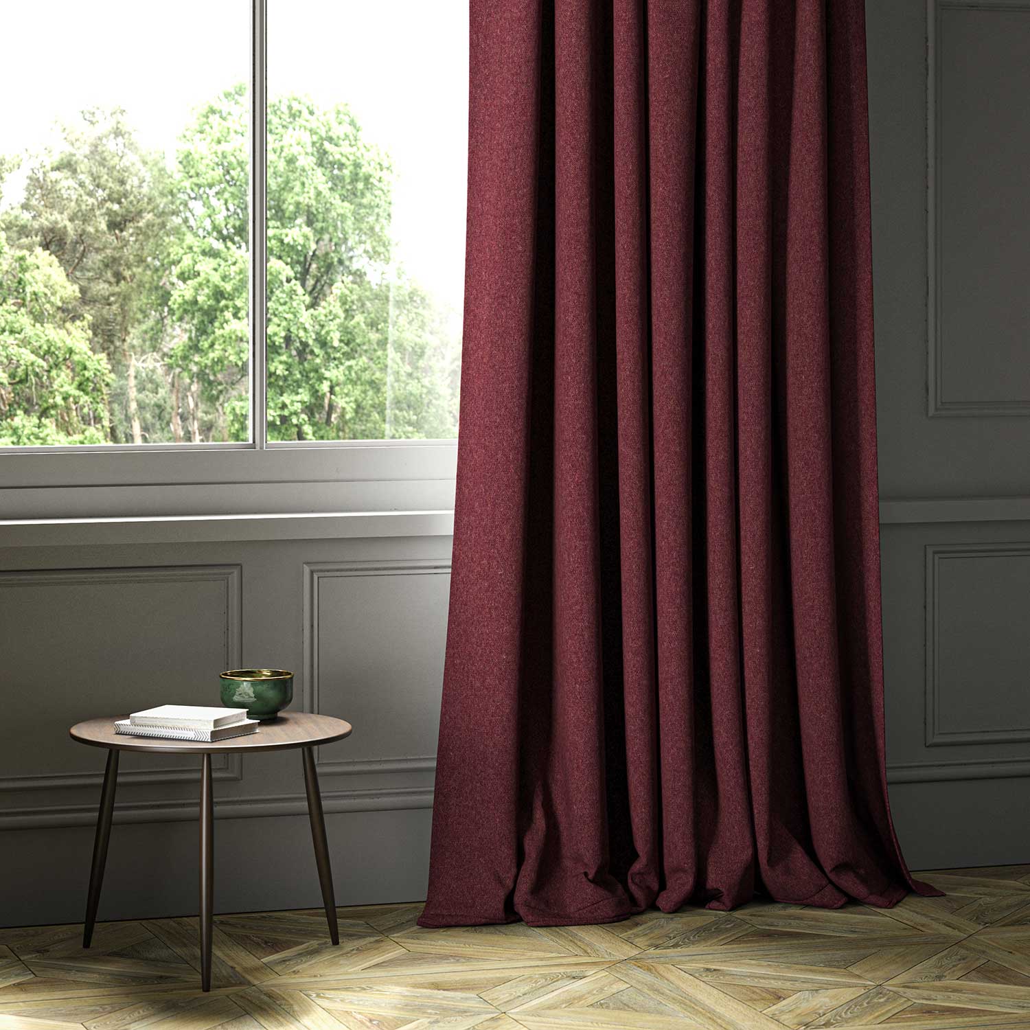 A red woven fabric on an armchair.