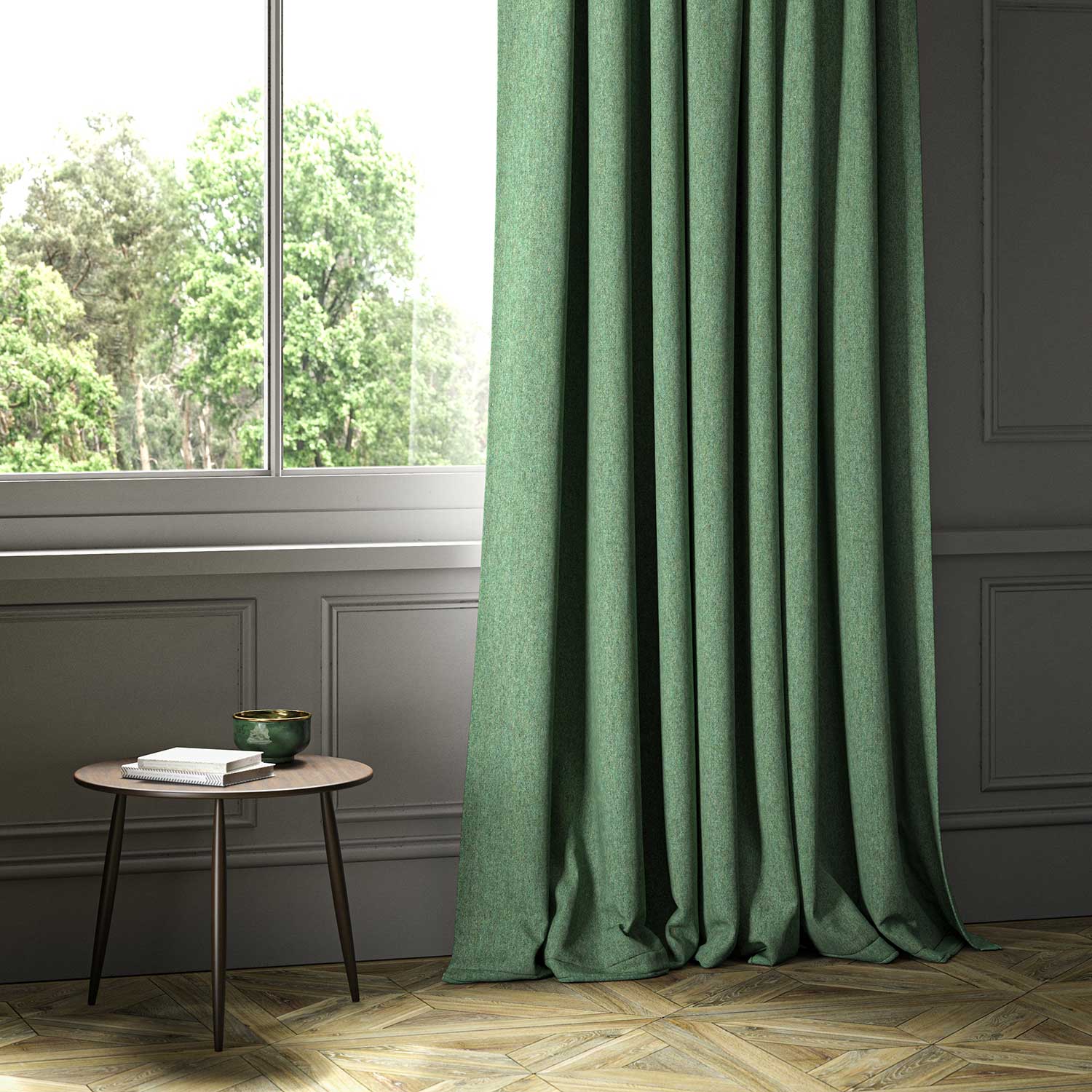 A green woven fabric shown as a curtain.