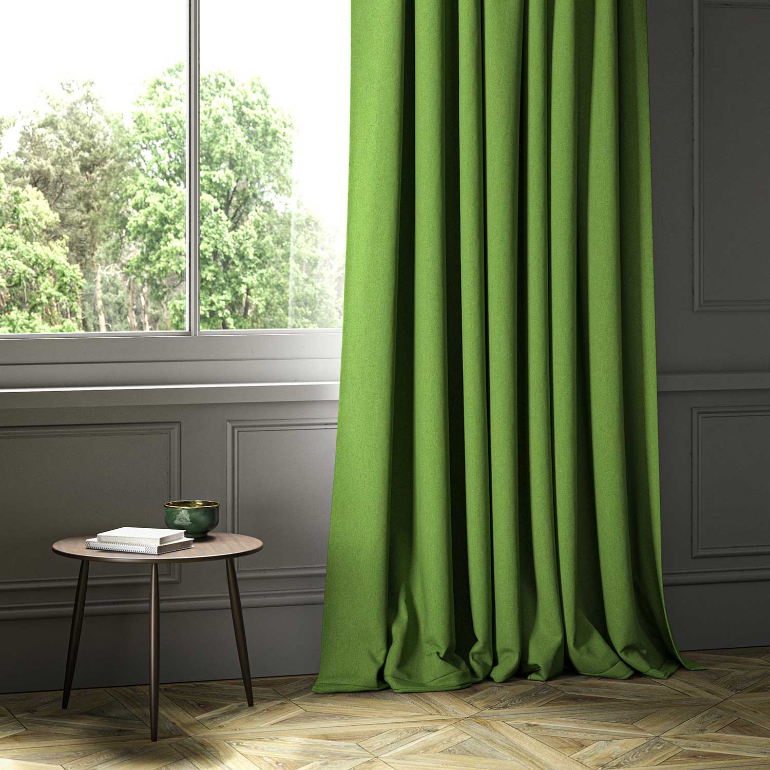 A green woven fabric shown as a curtain.