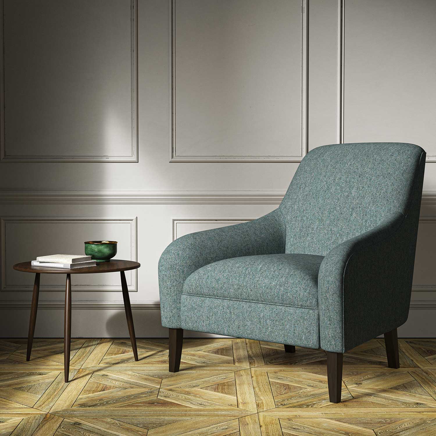 A blue woven fabric on an armchair.