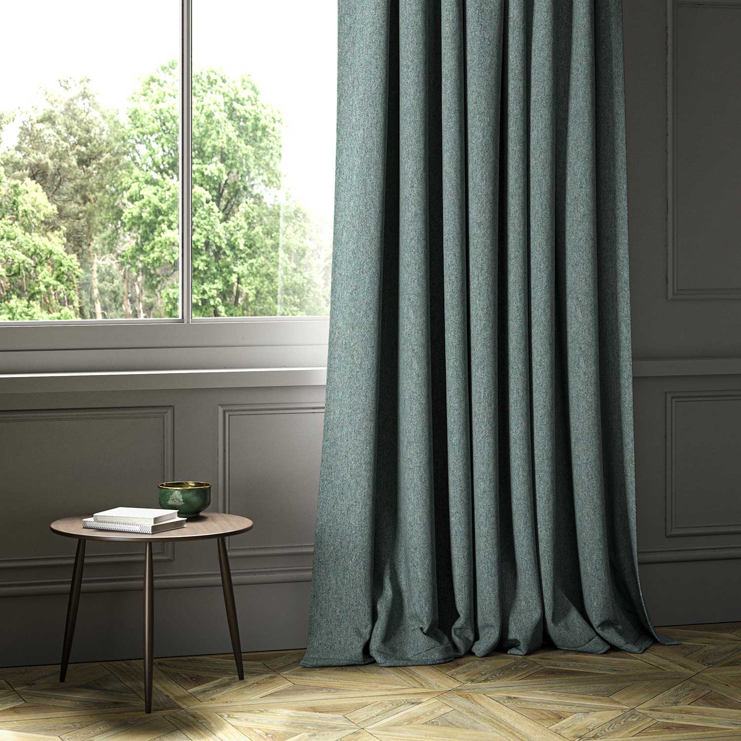 A blue woven fabric shown as a curtain.