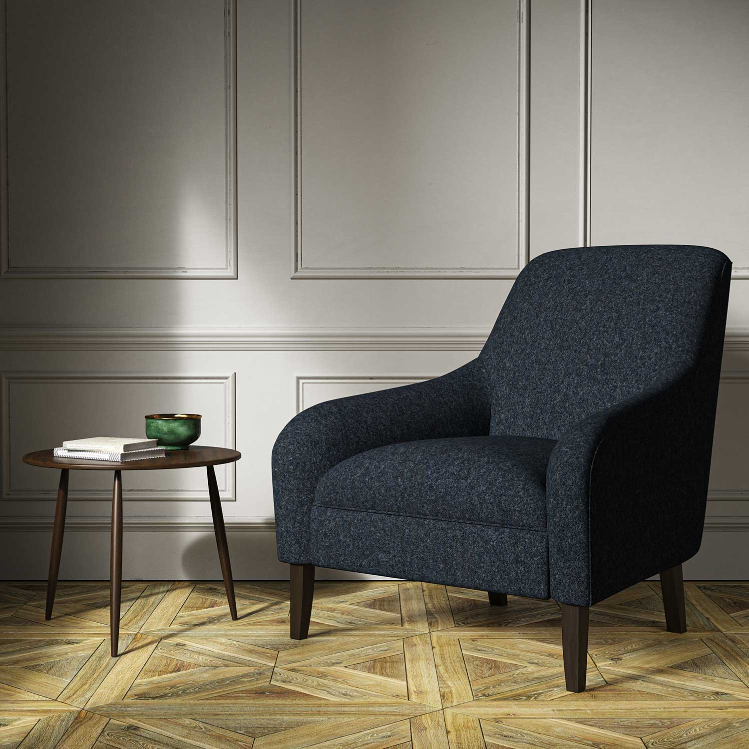 A blue woven fabric on an armchair.