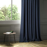A blue woven fabric shown as a curtain.