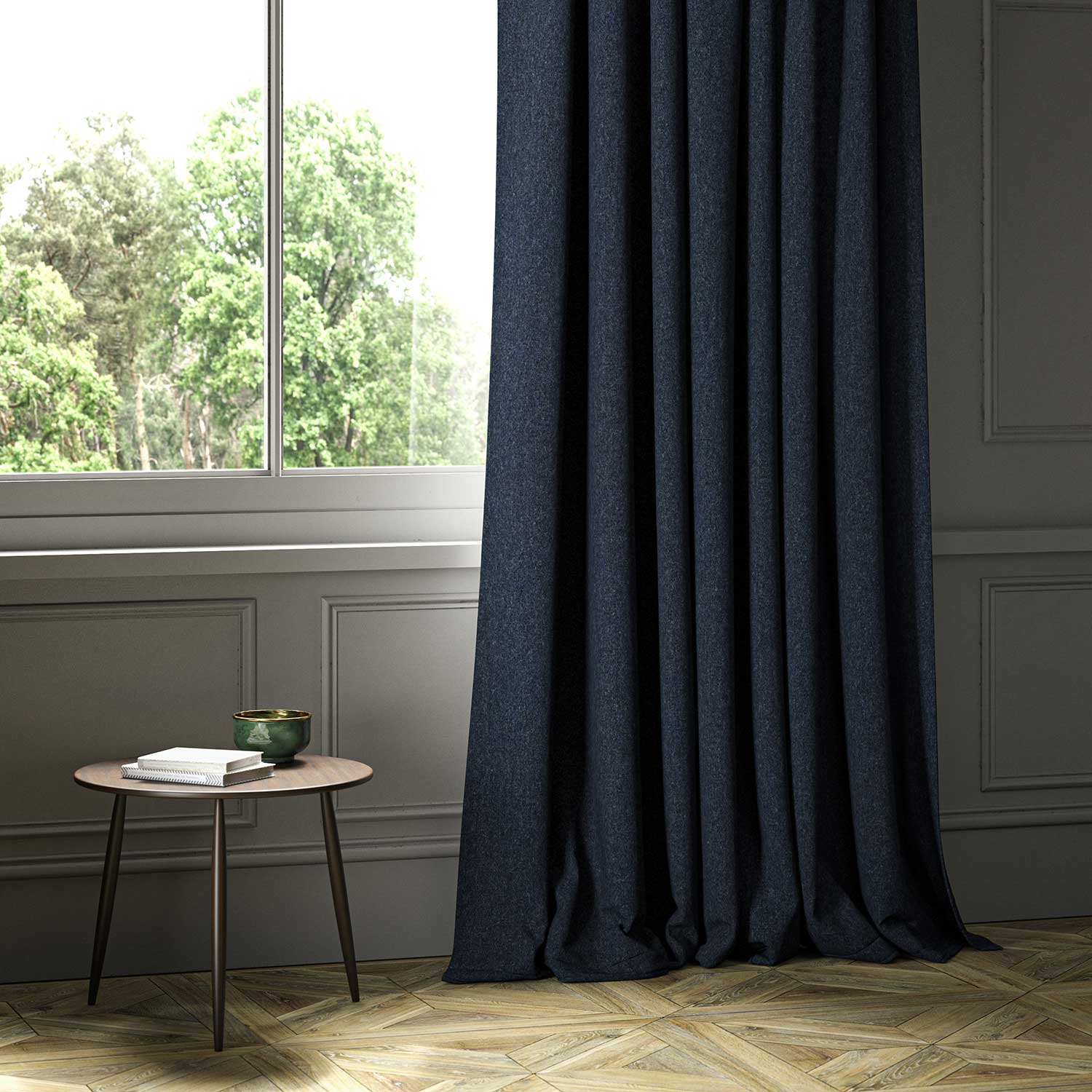 A blue woven fabric shown as a curtain.