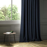 A blue woven fabric shown as a curtain.