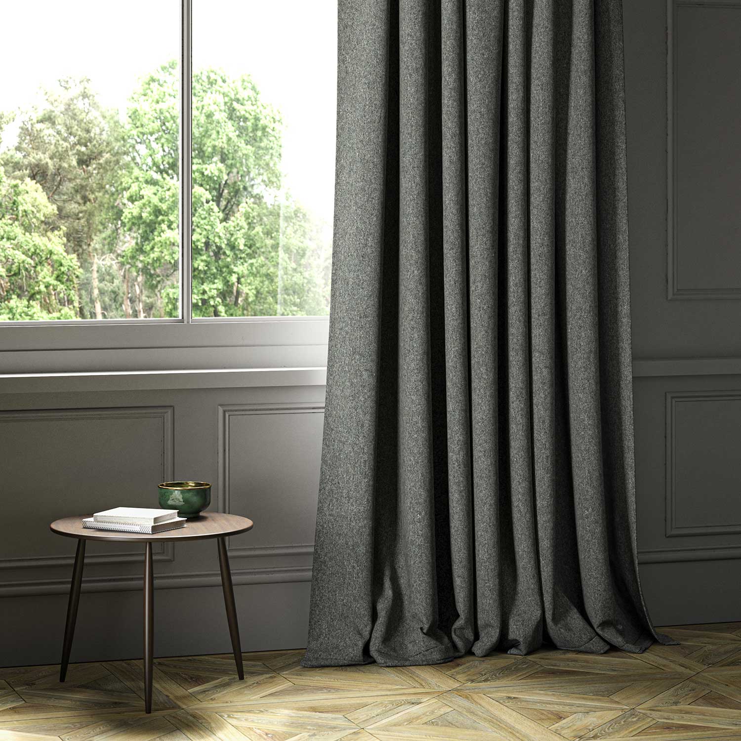 A grey woven fabric shown as a curtain.