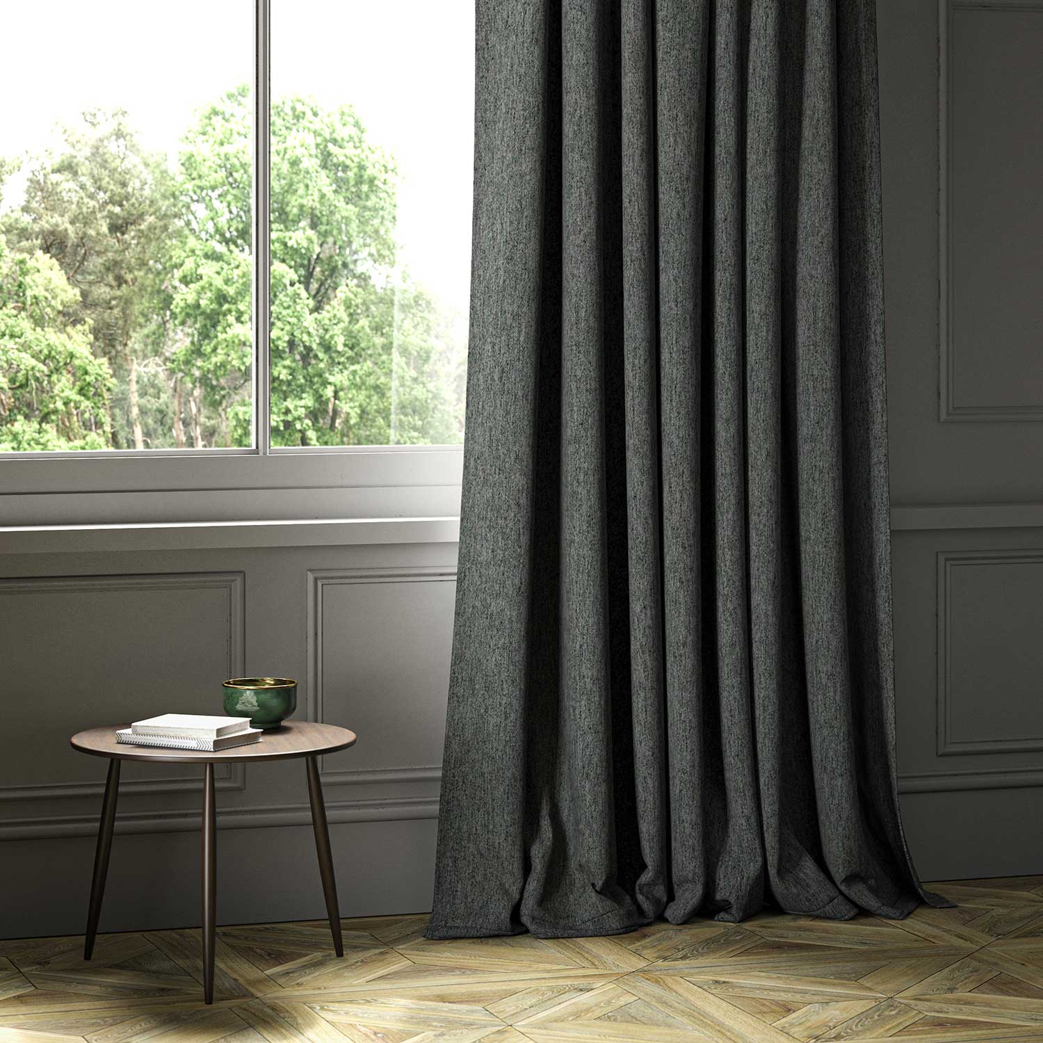 A grey woven fabric shown as a curtain.