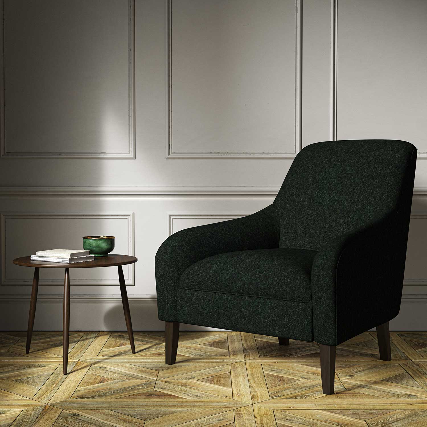 A black woven fabric on an armchair.