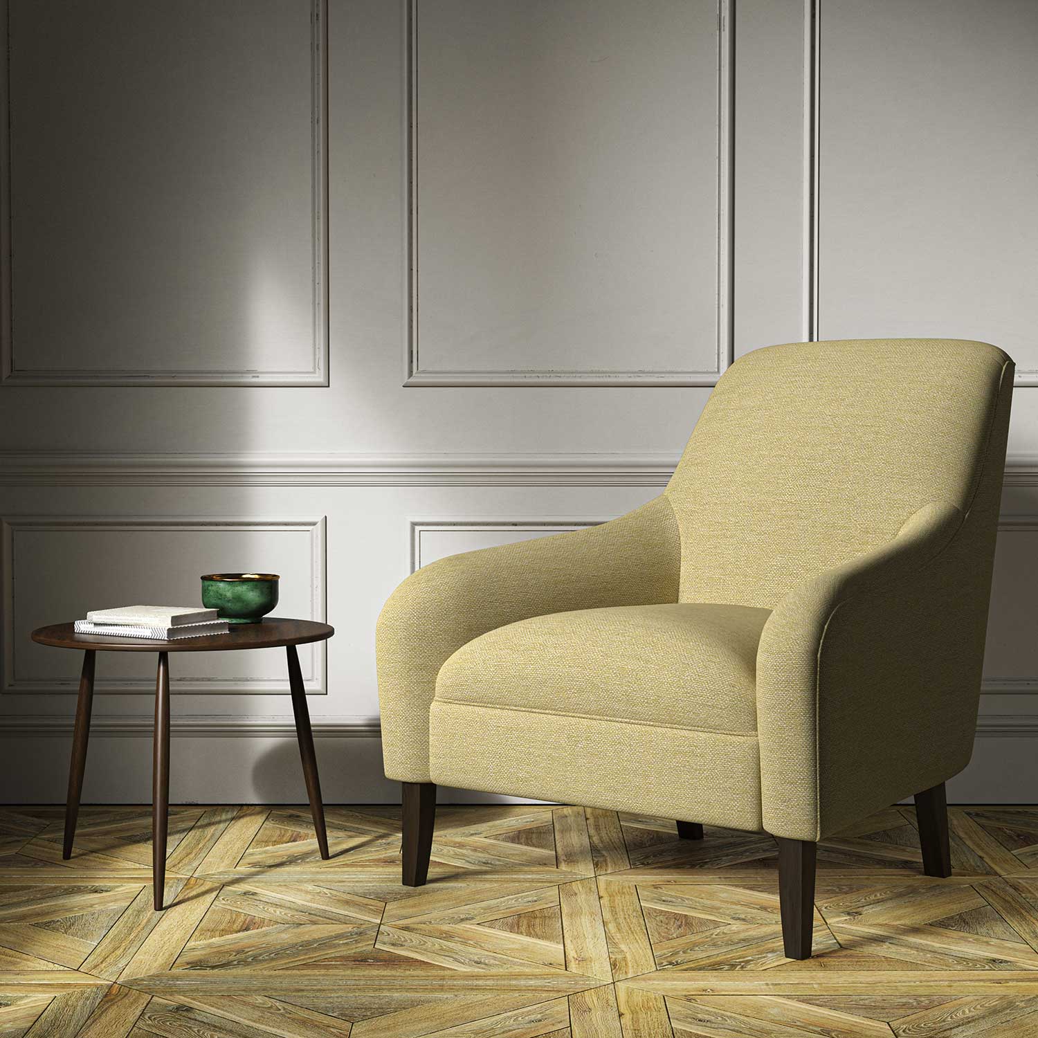 Chair upholstered in a plain yellow weave fabric