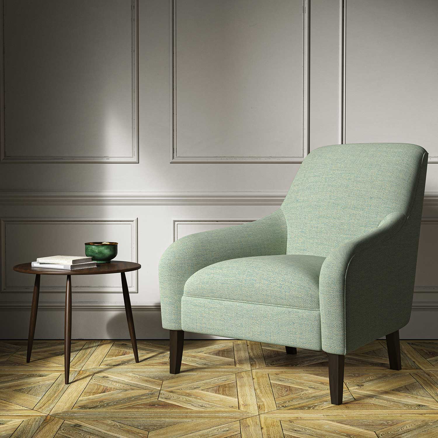 Chair upholstered in a plain turquoise weave fabric