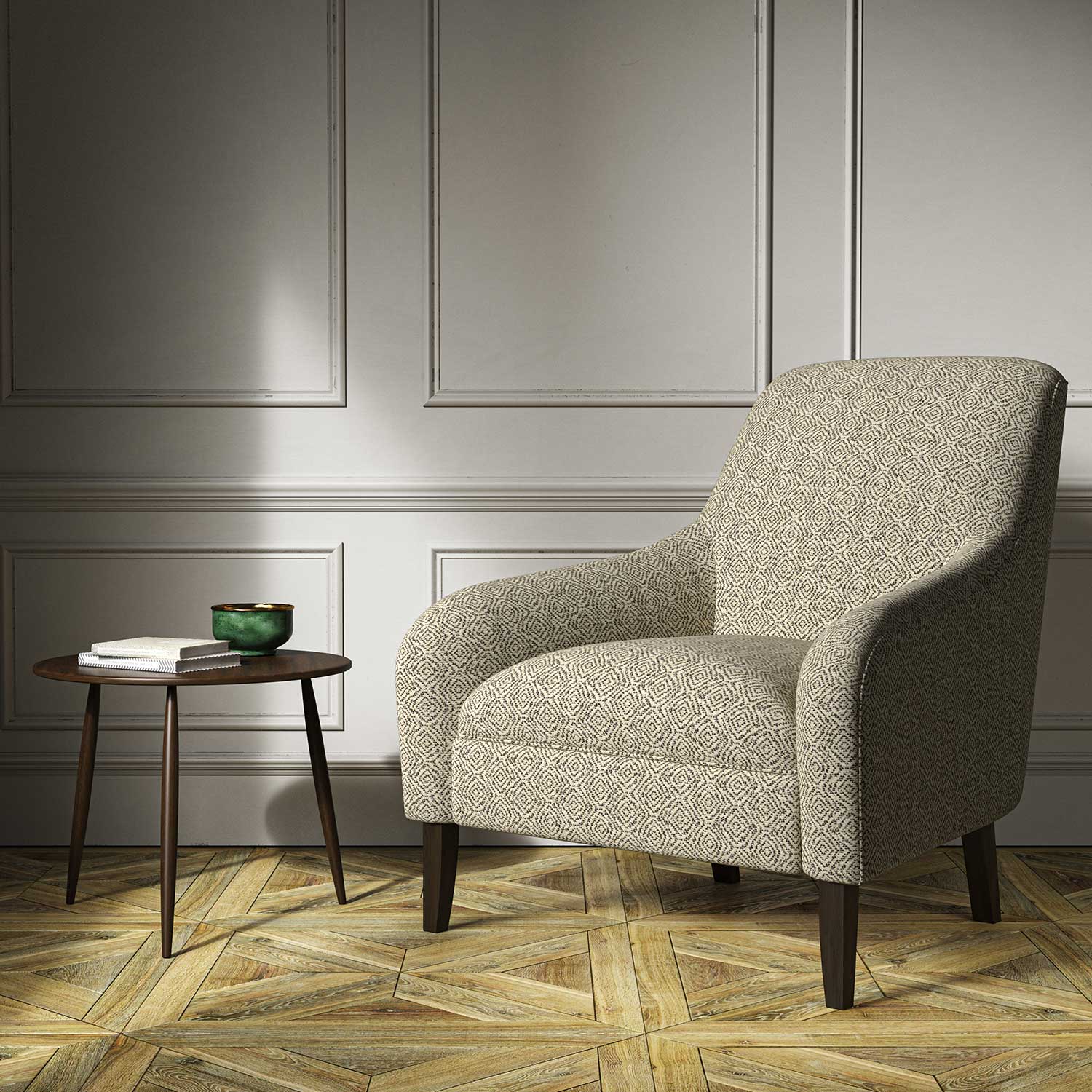 Armchair upholstered in a grey woven fabric