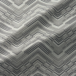 Fabric swatch of a stain resistant herringbone weave design in dark neutral colours, suitable for curtains and upholstery