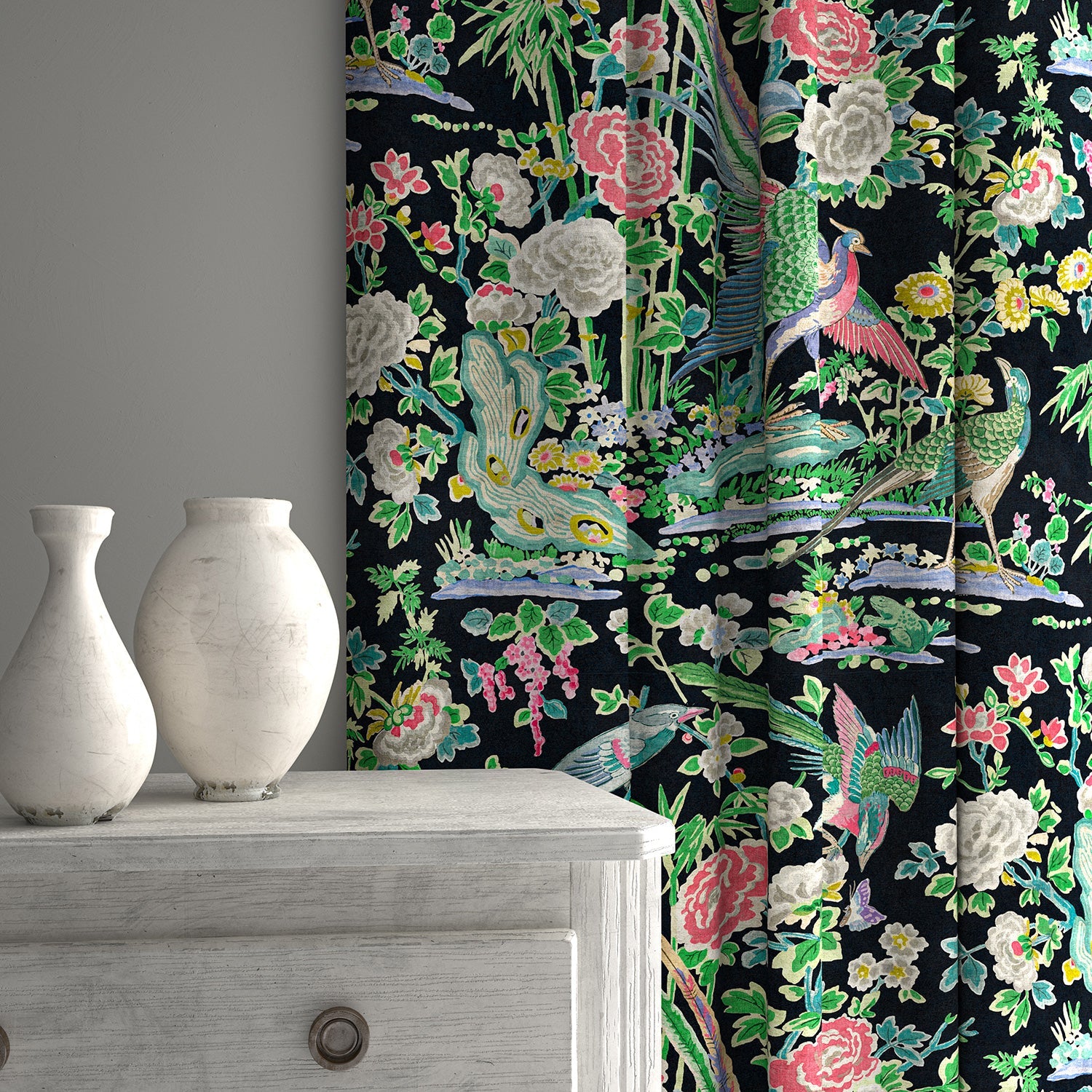 Velvet curtains upholstered in a printed velvet fabric with bamboo and oriental flowers, in multicolours.