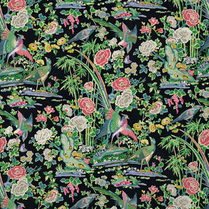 Printed velvet fabric with bamboo and oriental flowers in multicolours, for upholstery and curtain use.