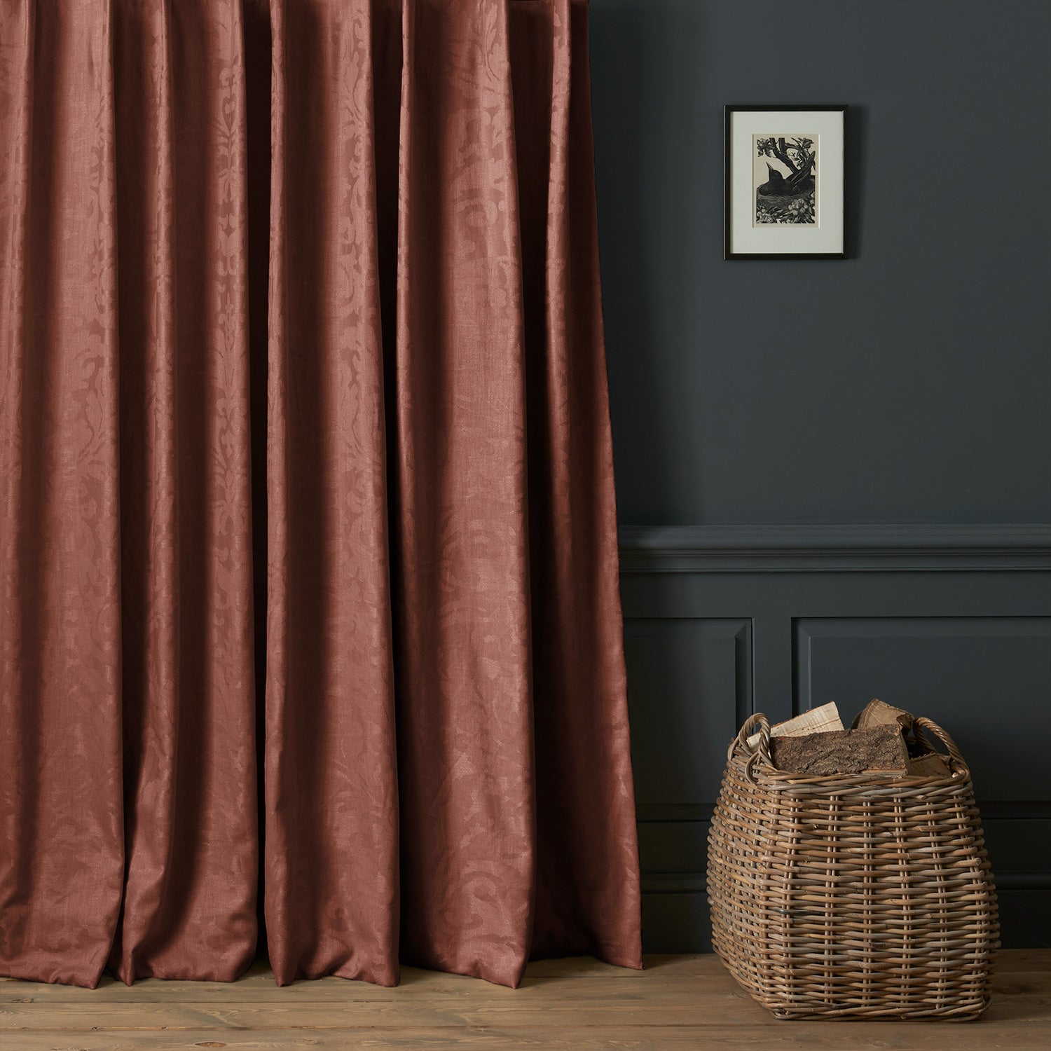 Curtains in a contemporary damask fabric in a deep berry colour.