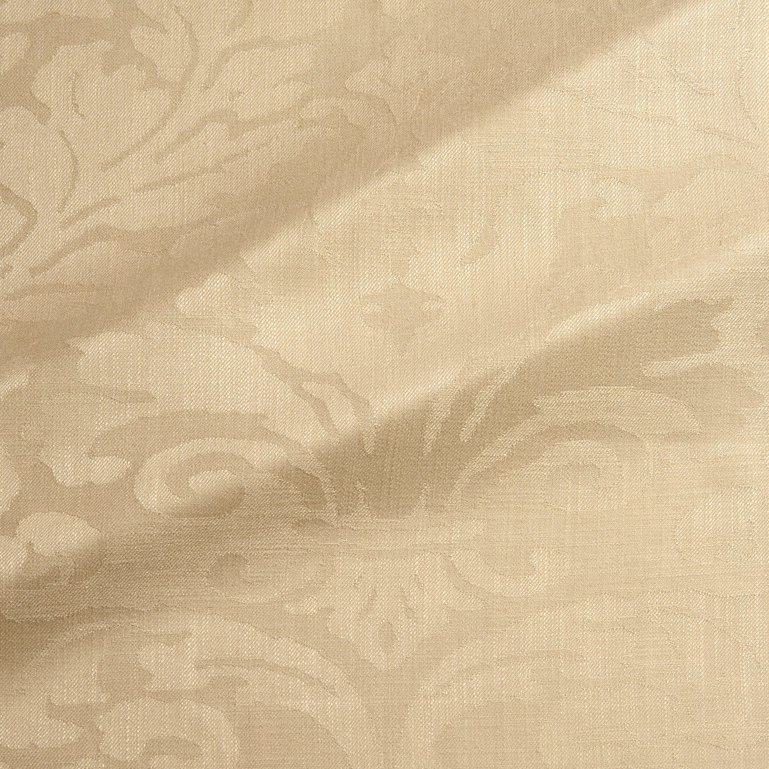 Fabric swatch of a contemporary damask fabric in a light gold colour for upholstery and curtains.