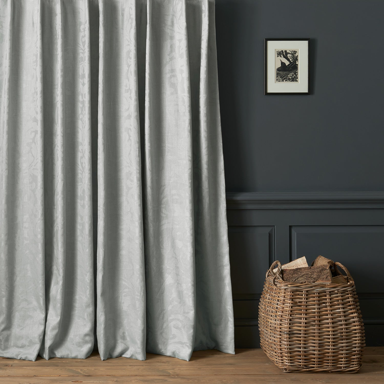 Curtains in a contemporary damask fabric with light cream colour.