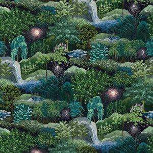 Printed Velvet fabric with mysterious fantasy forest design, in green colours for curtains and upholstery.