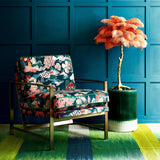 Chair covered in a Japanese-style toile printed velvet fabric in blossom pink.