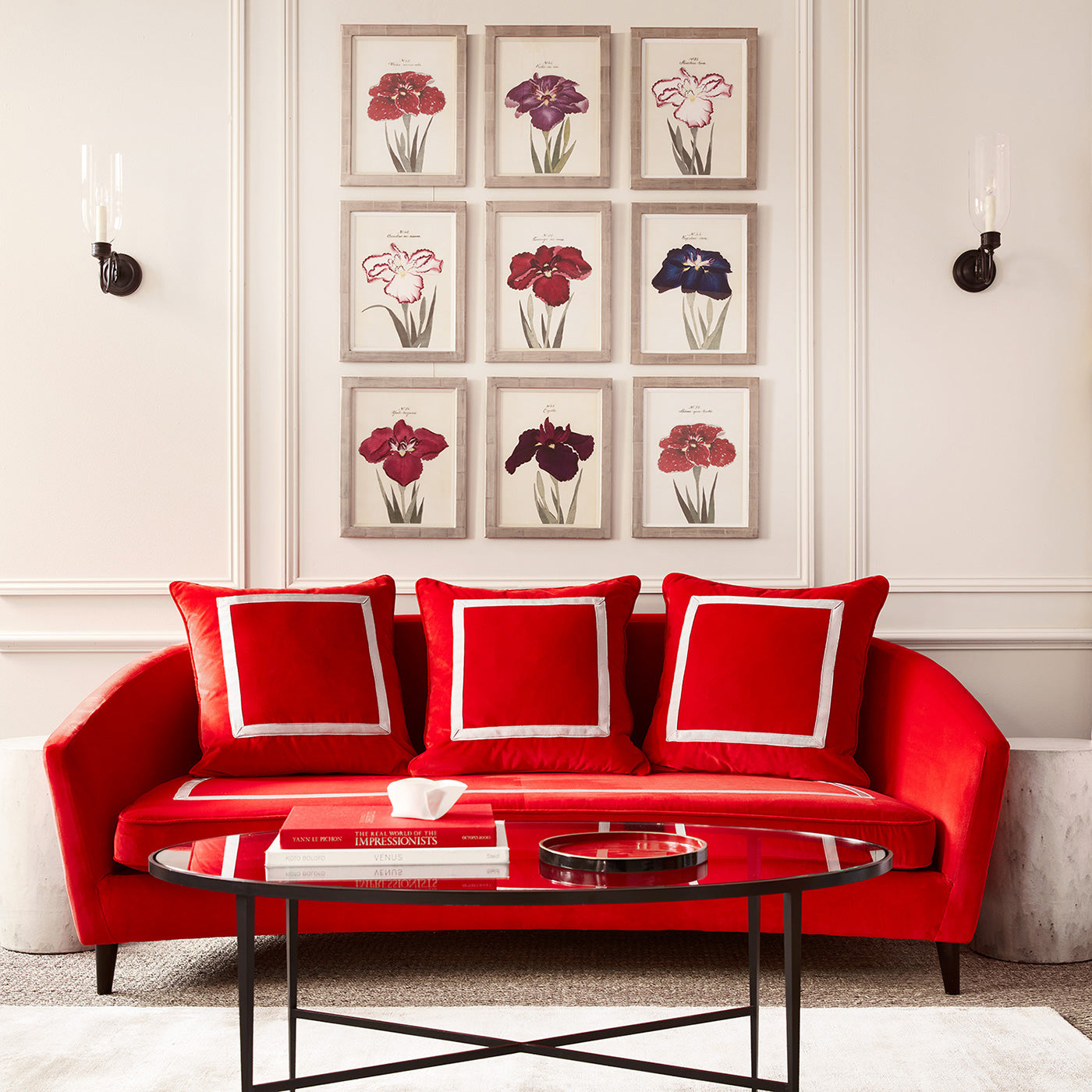 Red eco velvet upholstery fabric on a sofa