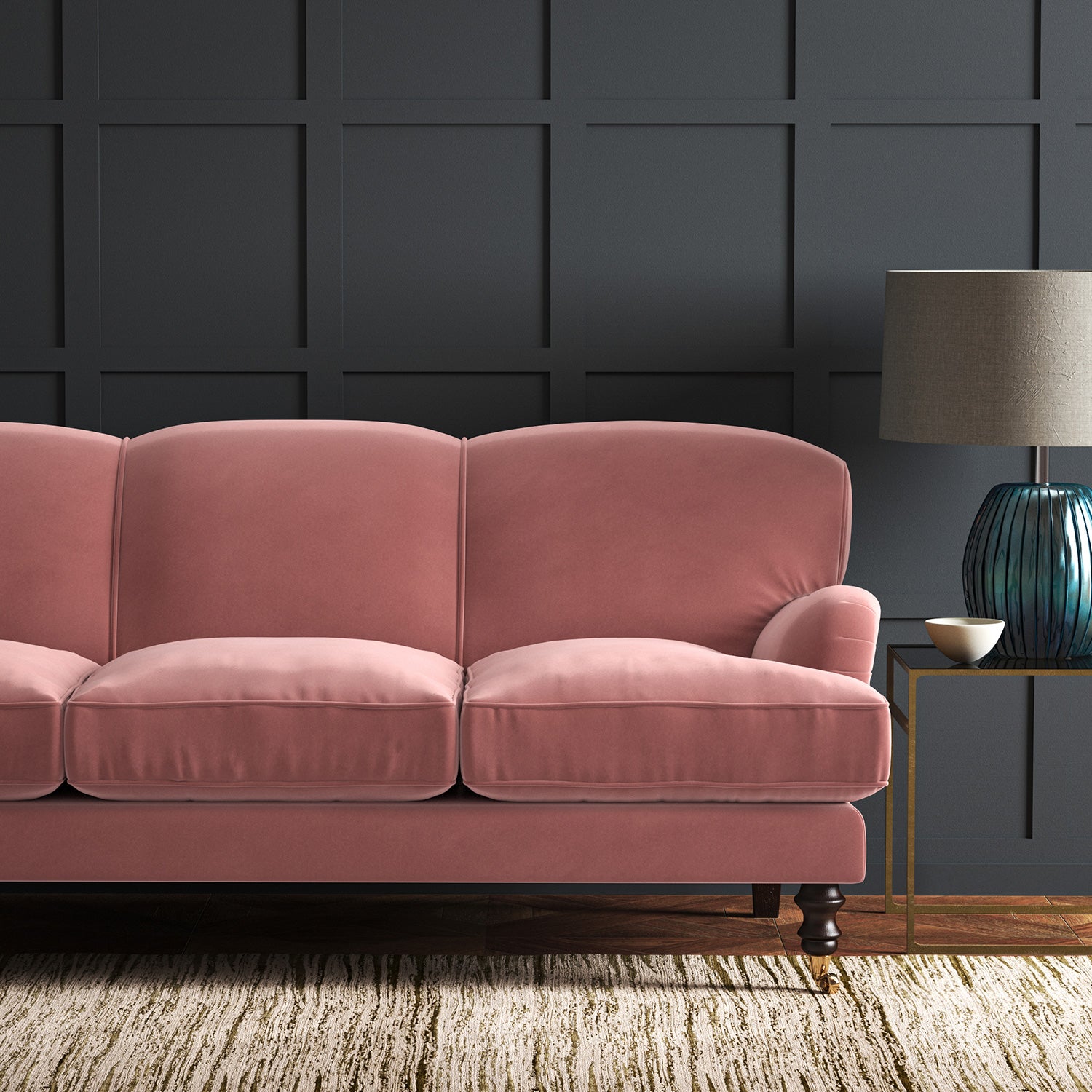 Pink eco velvet upholstery fabric on a sofa
