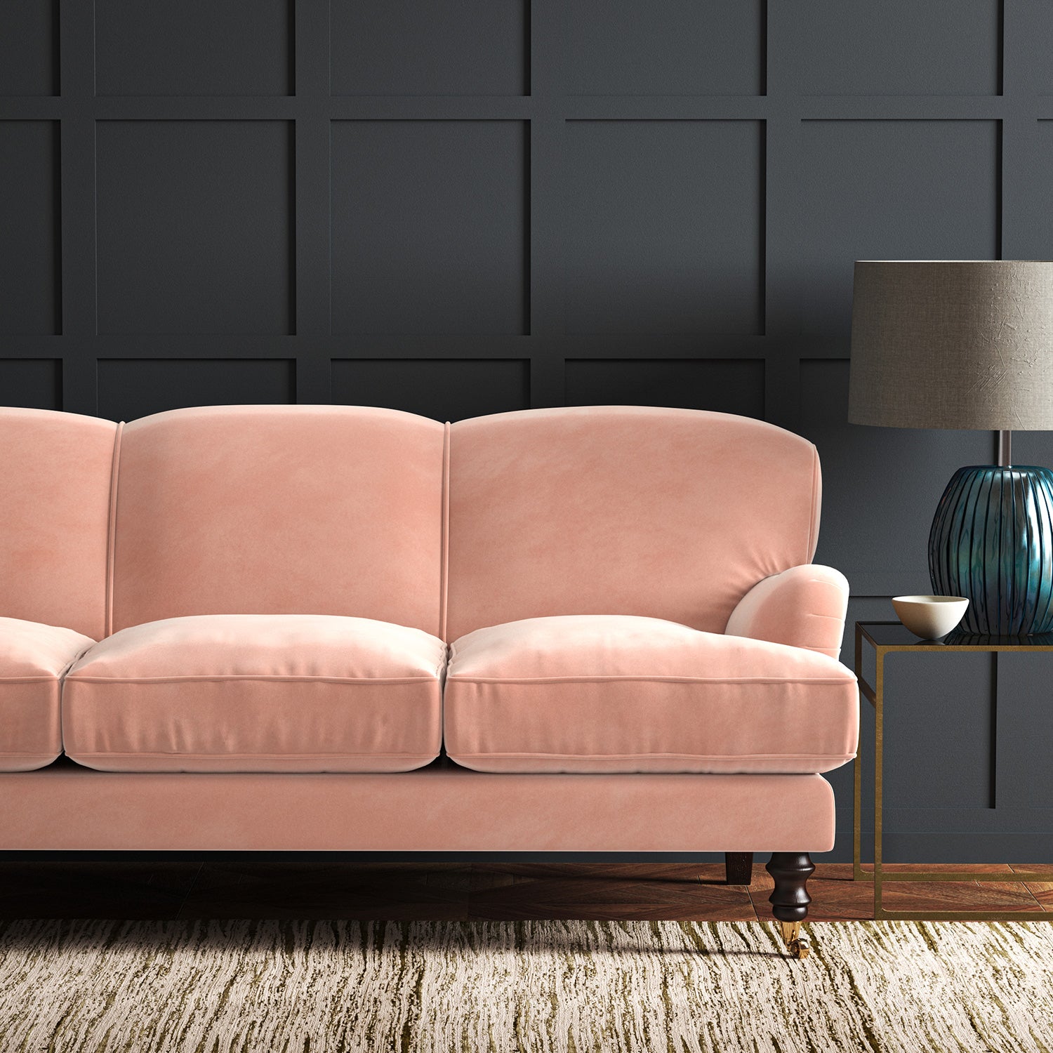 Pink eco velvet upholstery fabric on a sofa