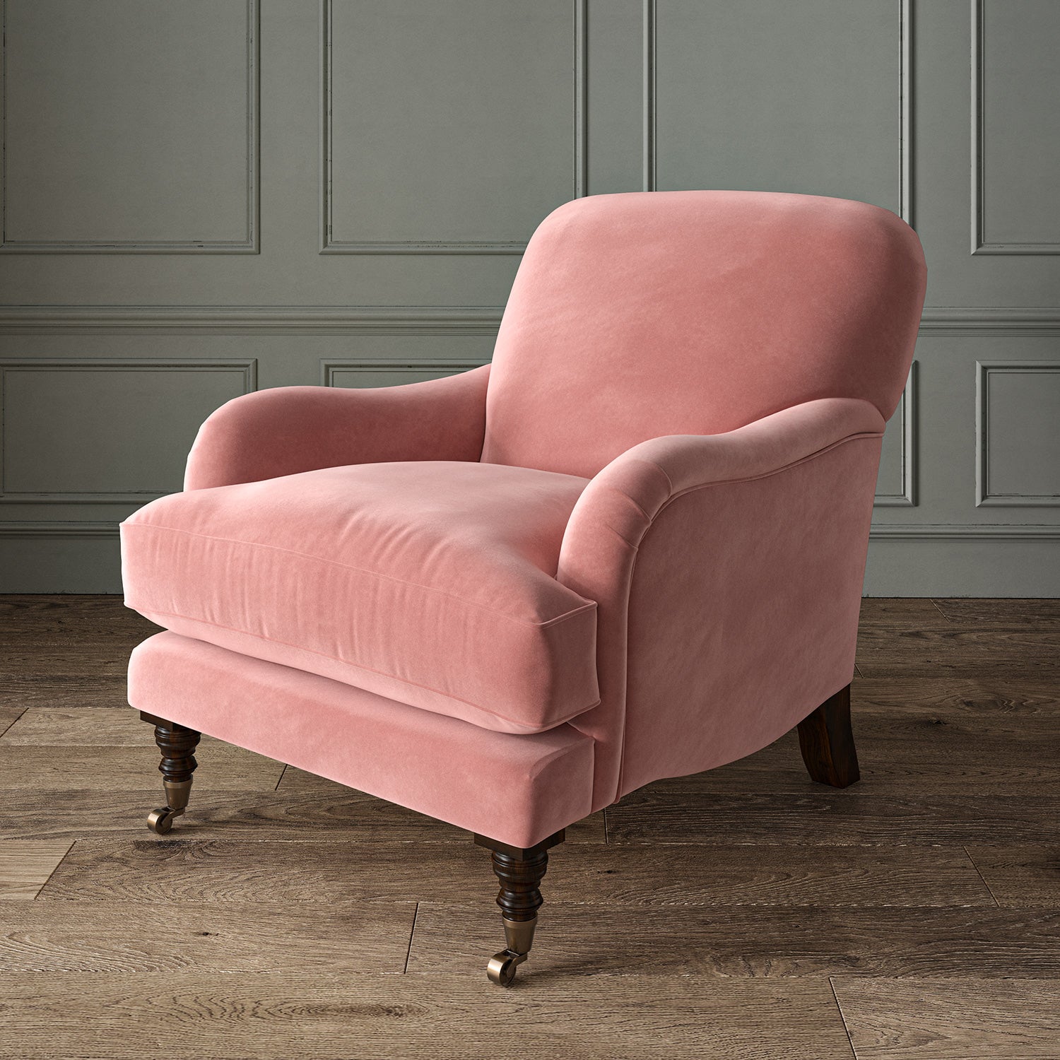 Pink eco velvet upholstery fabric on an armchair