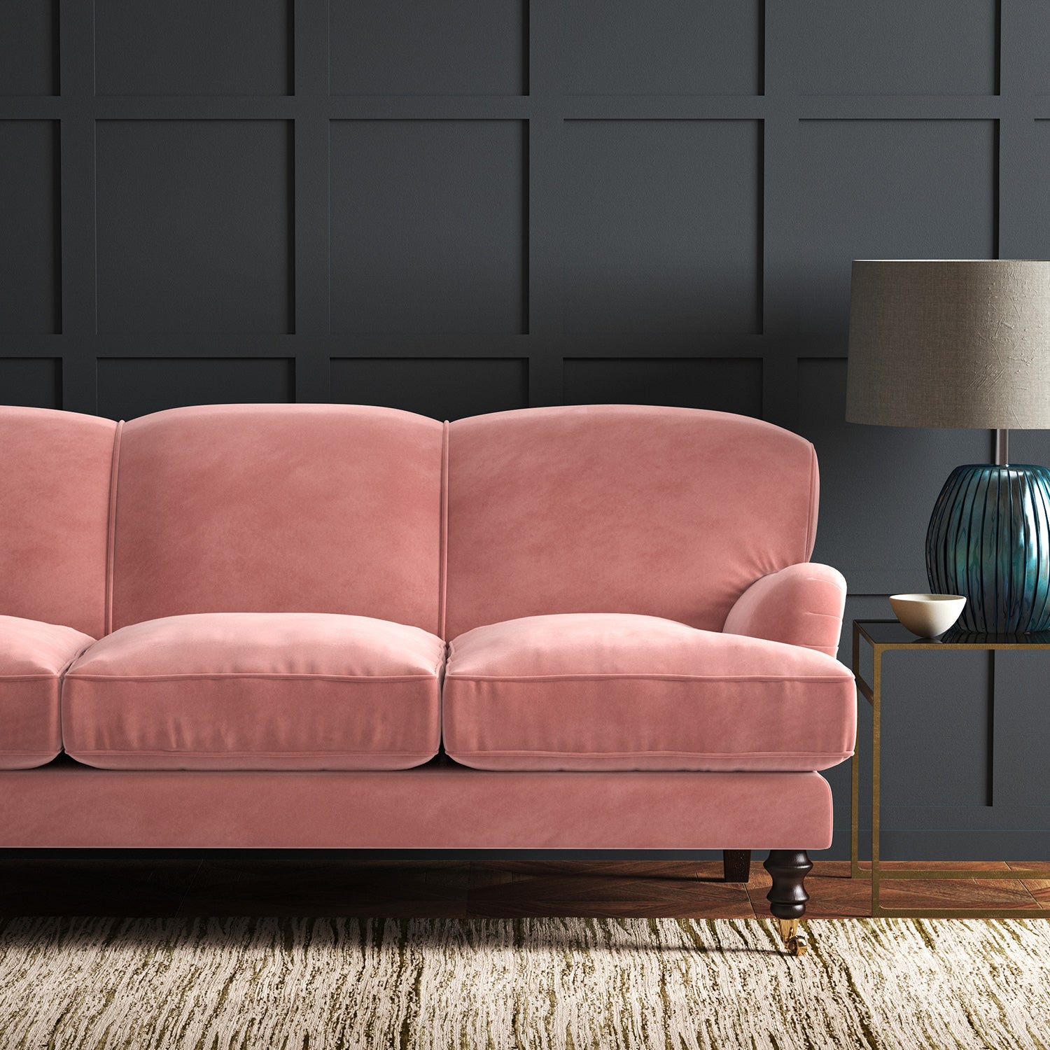 Pink eco velvet upholstery fabric on a sofa
