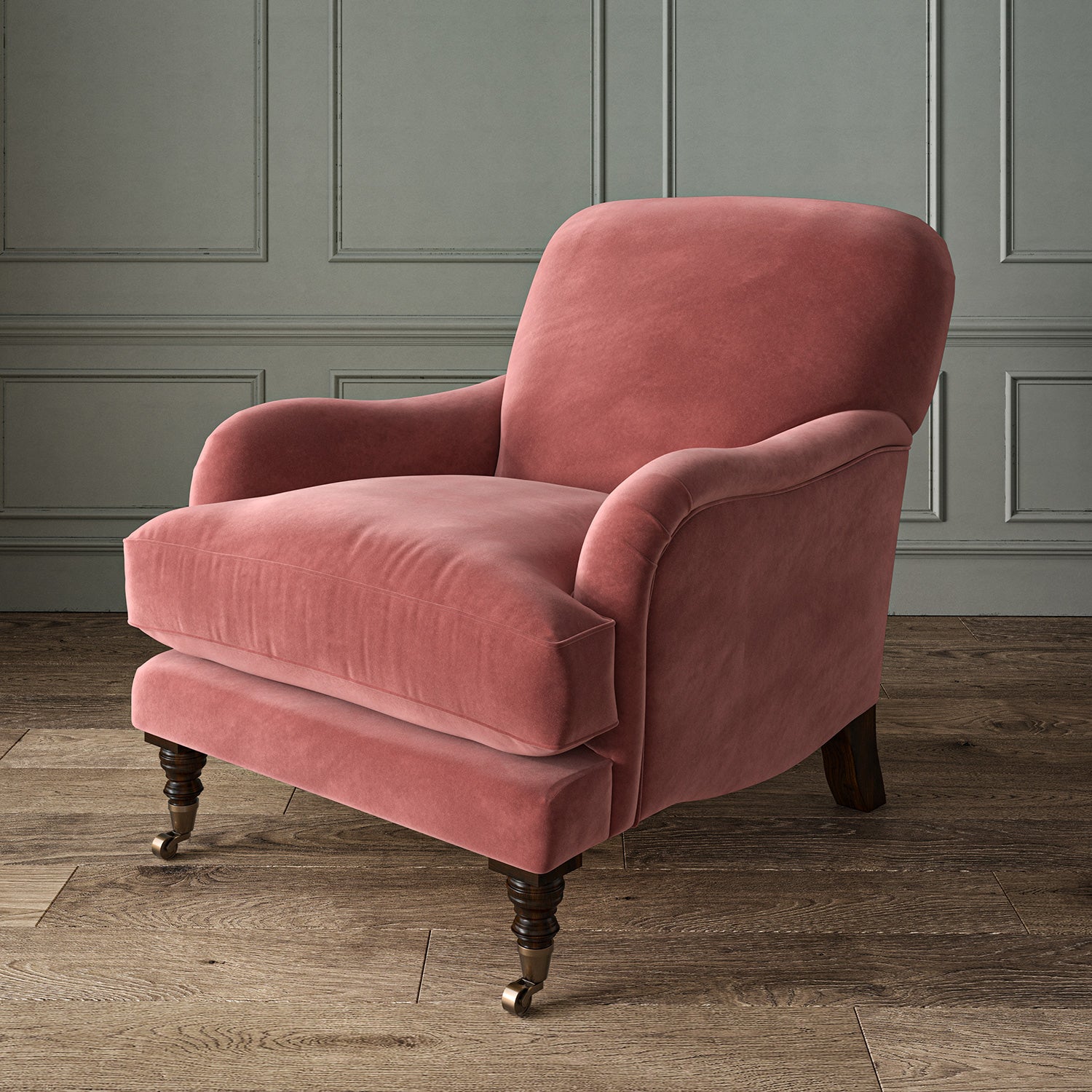 Pink eco velvet upholstery fabric on an armchair