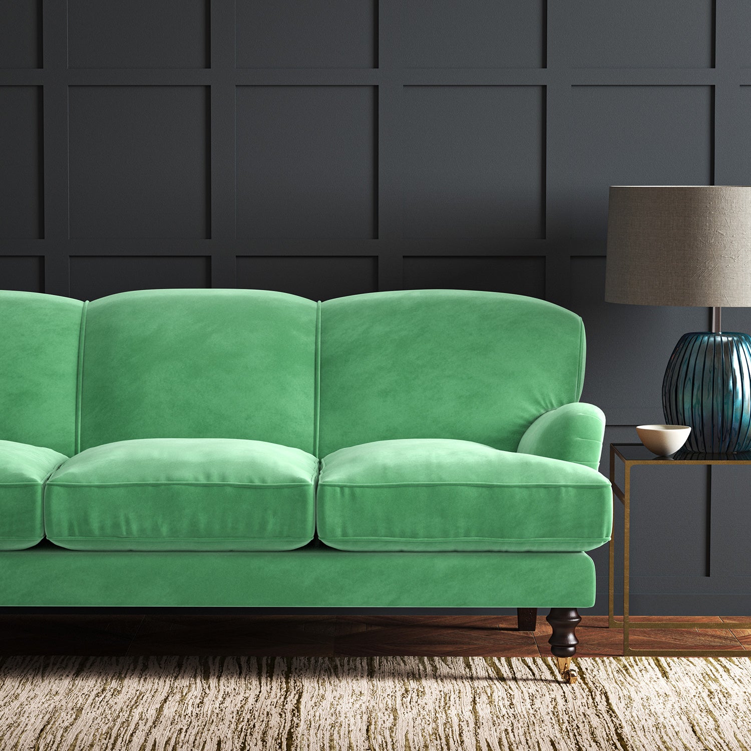 Green eco velvet upholstery fabric on a sofa