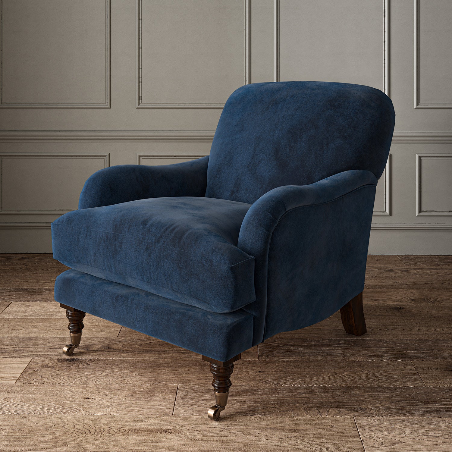 Blue eco velvet upholstery fabric on an armchair