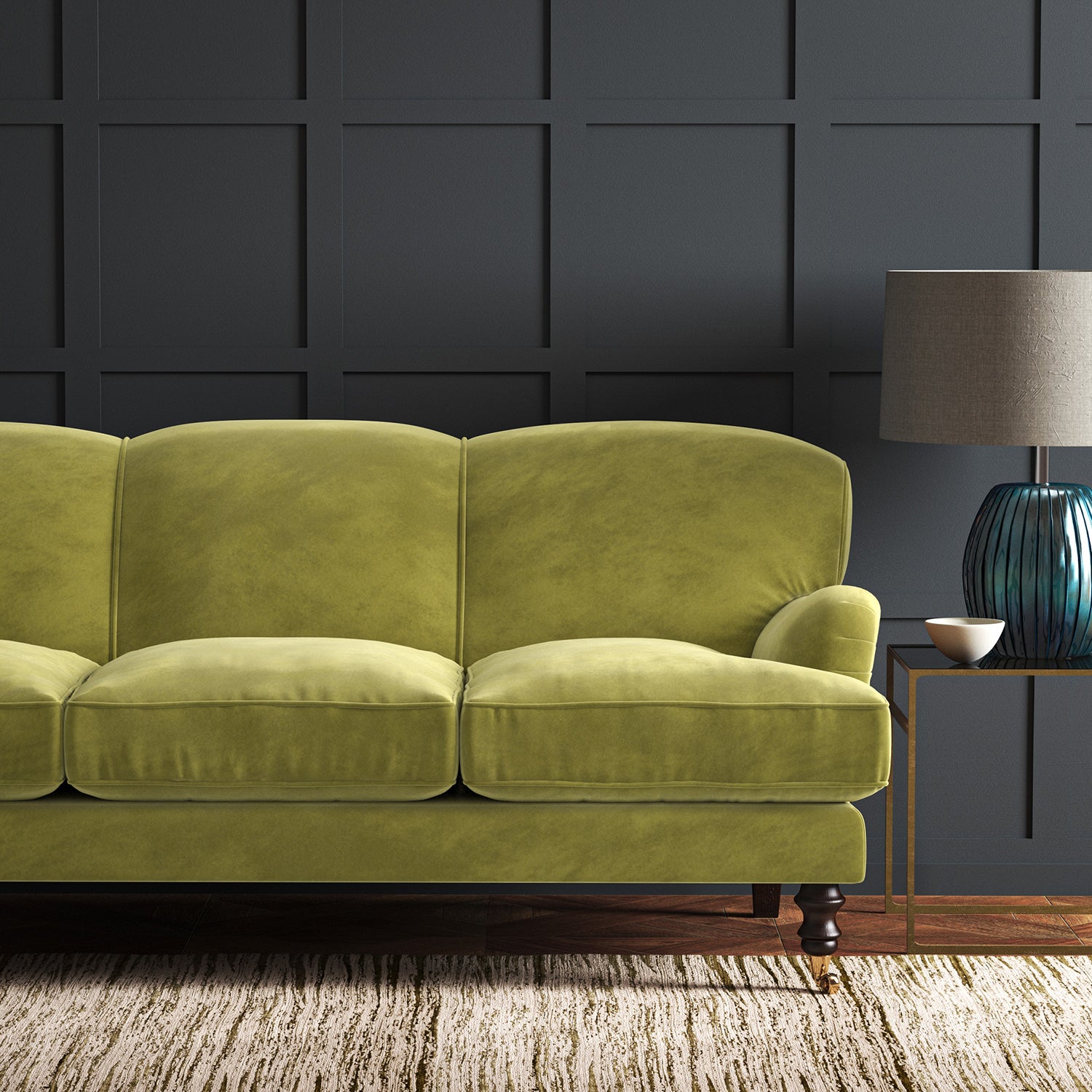 Green eco velvet upholstery fabric on a sofa