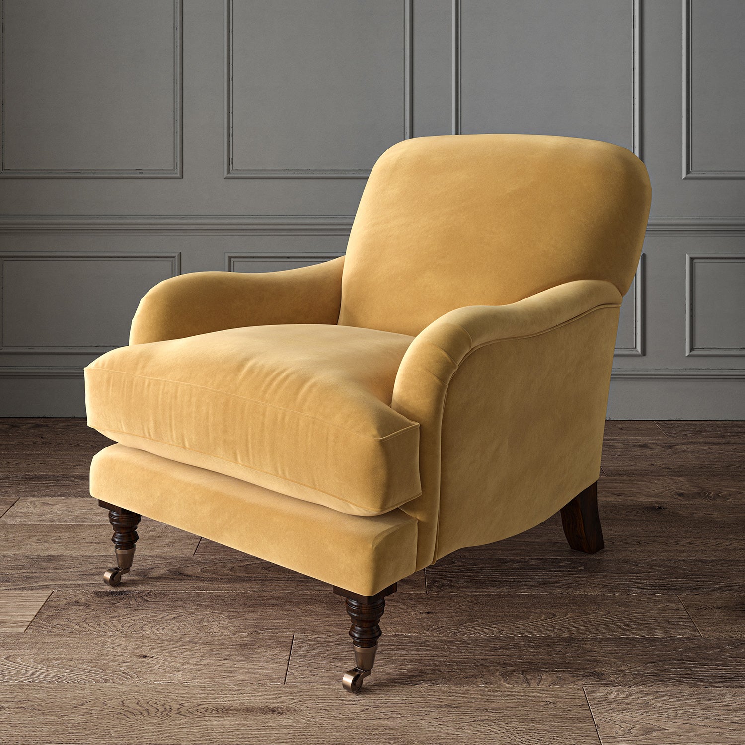 Gold eco velvet upholstery fabric on an armchair
