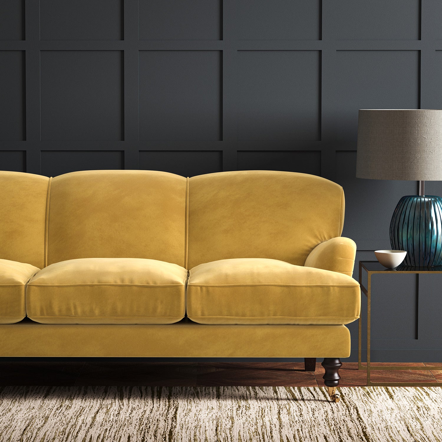 Gold eco velvet upholstery fabric on a sofa